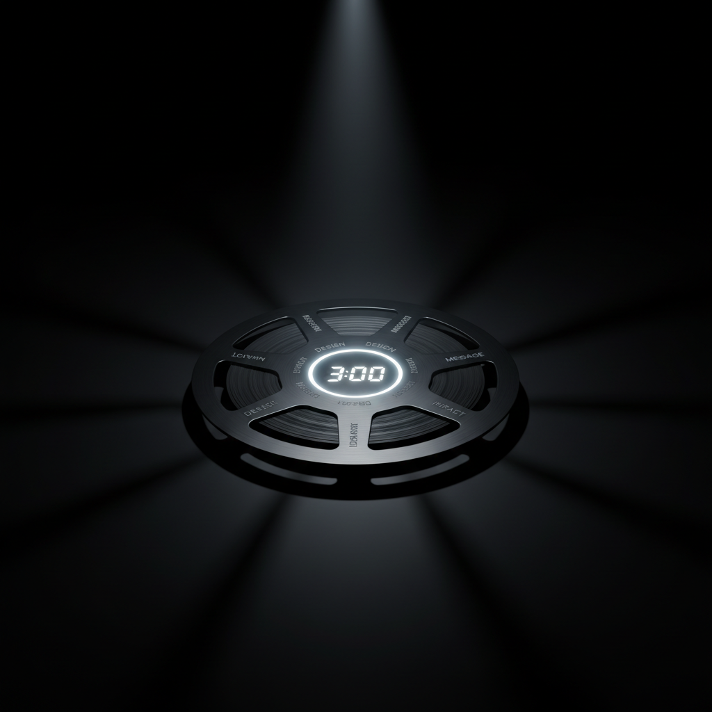 A pristine, glossy black film reel lying on a reflective obsidian surface, its circular metal edges sharply defined, each segment labeled with tiny etched words like “Idea,” “Design,” “Message,” and “Impact.” The central hub of the reel glows with a digital “3:00” countdown, rendered in crisp white numerals. A single beam of cool, focused overhead light creates a strong highlight ring and deep, dramatic shadows radiating outward, while the background melts into a velvety dark gradient. Captured in photographic realism from a slightly elevated close-up angle, with the reel centered and reflections carefully controlled, the mood is bold, precise, and conceptual, summarizing an entire PR story rolled into exactly three minutes of end credits.