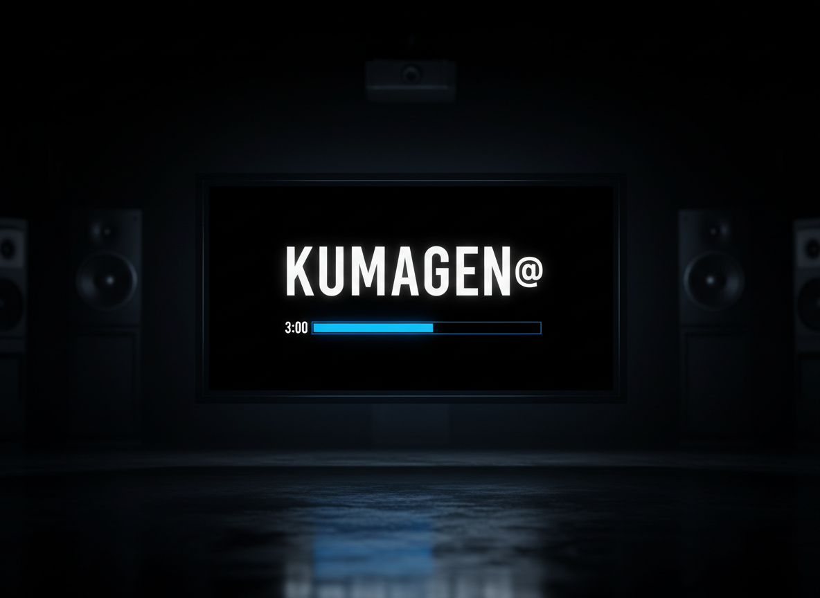 A bold, minimalist black screen like a cinema end credit, with the white logotype “KUMAGEN@” sharply centered in tall, clean typography. Beneath it, a single luminous progress bar marked “3:00” glows electric blue, frozen at the starting point. The screen floats in a dark cinematic room, with subtle reflections on a glossy floor and faint silhouettes of speakers and a projector in deep blur. Dramatic, high-contrast studio lighting creates a halo around the text, emphasizing clarity and confidence. Photographic realism, shot straight-on at eye level with a shallow depth of field, conveying a powerful, focused PR concept in a single frame, like the opening to an epic three‑minute end roll.