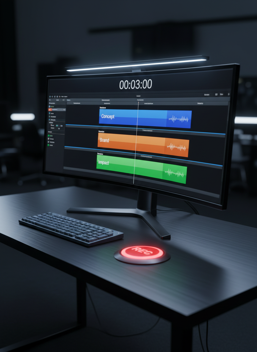 A sleek, ultra-modern editing workstation featuring a large widescreen monitor displaying a timeline scrubber frozen exactly at 3:00, its tracks filled with vibrant color blocks labeled “Concept,” “Brand,” and “Impact.” The monitor sits on a matte black desk with subtle brushed-metal texture, next to a minimalist slate-gray keyboard and a single glowing red record button. Soft, cool-toned studio lighting from above creates refined reflections on the screen and desk edge, with the background falling into tasteful dark blur. Shot at a three-quarter angle in photographic realism, this composition feels sharp, bold, and cinematic, visually embodying the idea of compressing a powerful PR story into a three-minute end roll.