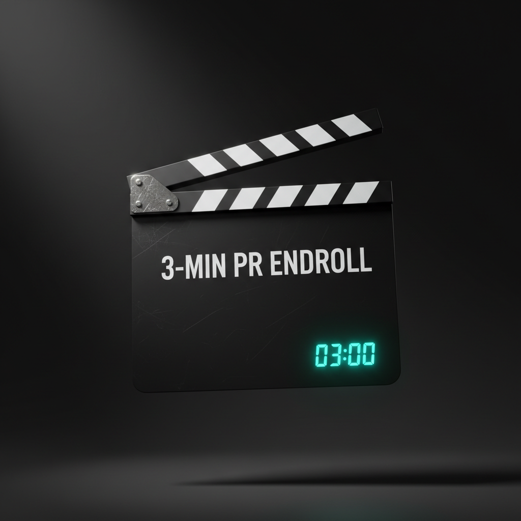 A floating, glossy black clapperboard suspended in midair against a deep charcoal gradient backdrop, its slate emblazoned with the title “3-MIN PR ENDROLL” in crisp white lettering. The clapper is locked at an assertive diagonal, with metallic hinges and fine scratches rendered in high photographic detail. A luminous countdown timer “03:00” glows neon cyan in the lower right of the board. A single spotlight from the upper left carves out dramatic highlights and hard-edged shadows, creating a bold, cinematic atmosphere. Shot from a slightly low angle with a centered composition and sharp focus, the image feels decisive and conceptual, conveying the essence of turning a portfolio concept into a punchy three-minute credits sequence.
