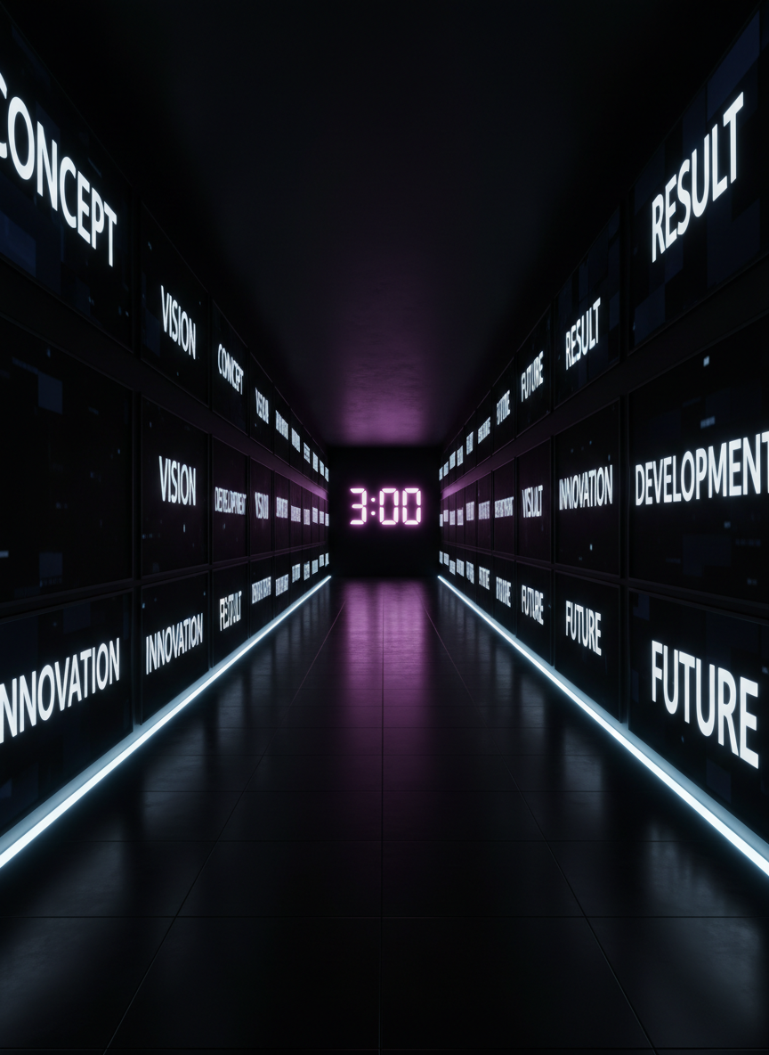 A dark cinema-style hallway where the walls themselves are digital screens, each panel showing different freeze-frames of graphic titles like “Concept,” “Vision,” and “Result” in striking white on black. At the end of the corridor, a large glowing “3:00” timer hovers, its digits rendered in bright, electric magenta. Cool, directional LED strips run along the floor edges, creating reflections in polished black tiles and leading the eye toward the timer. Photographic realism with a wide-angle lens emphasizes depth and perspective, while the low-key lighting and high contrast create a bold, futuristic mood that visually represents moving through a three-minute end roll that promotes a distinct creative concept.
