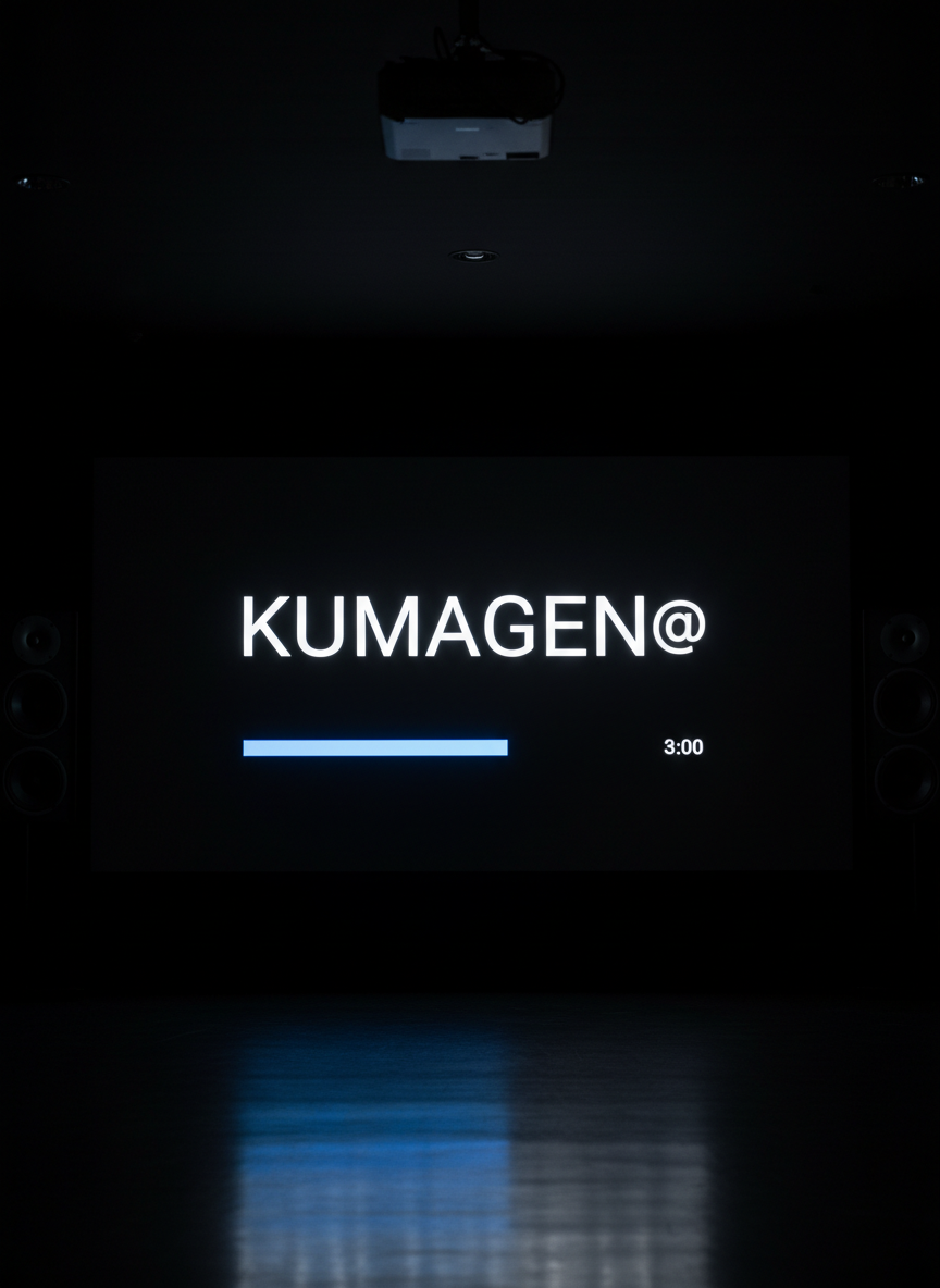 Minimalist black screen with the white logotype “KUMAGEN@” centered and a subtle 3:00 progress bar beneath, evoking a refined three-minute end-roll PR concept.